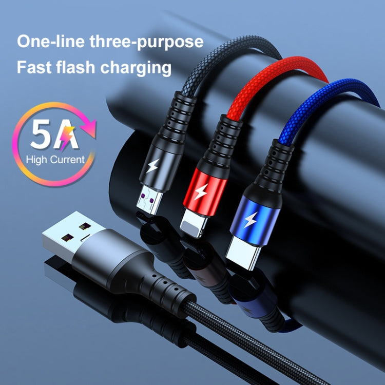 K061 كابل شحن سريع 1.2 متر 5A 3 في 1 USB إلى 8 بن + USB-C / Type-C + Micro USB دائري
