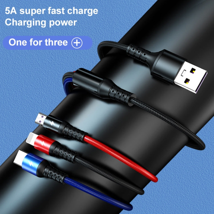 K061 كابل شحن سريع 1.2 متر 5A 3 في 1 USB إلى 8 بن + USB-C / Type-C + Micro USB دائري