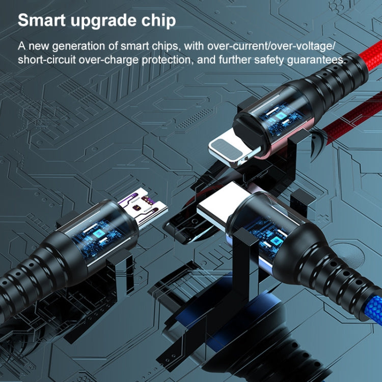 K061 كابل شحن سريع 1.2 متر 5A 3 في 1 USB إلى 8 بن + USB-C / Type-C + Micro USB دائري