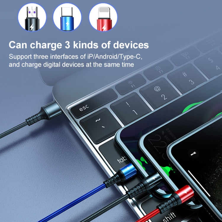 K061 كابل شحن سريع 1.2 متر 5A 3 في 1 USB إلى 8 بن + USB-C / Type-C + Micro USB دائري