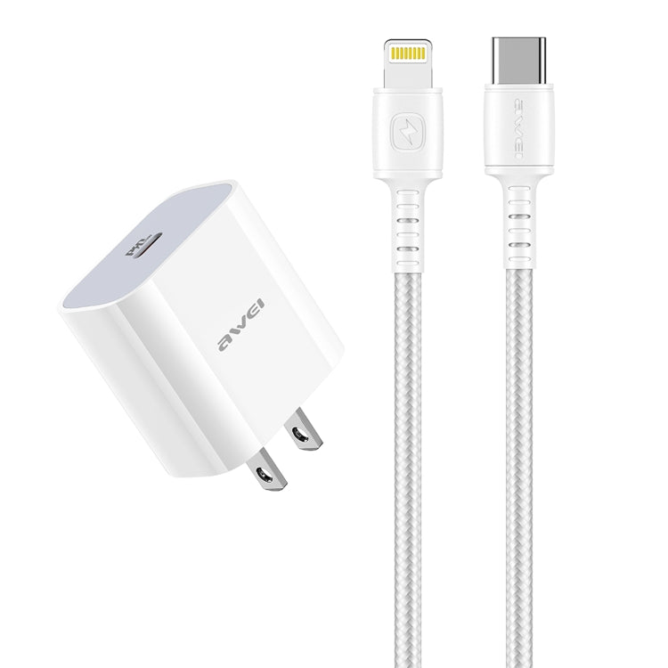 awei PD5 PD 20 واط شاحن سفر سريع مع كابل Type-C / USB-C إلى 8 دبابيس، قابس US