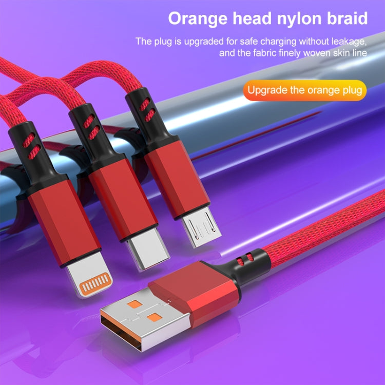 كابل شحن سريع مضفر 3A 3 في 1 USB إلى Type-C / 8 دبابيس / Micro USB، طول الكابل: 1.2 متر، قابس أبيض (أحمر)، قابس أبيض (أسود)، قابس أبيض (أزرق)