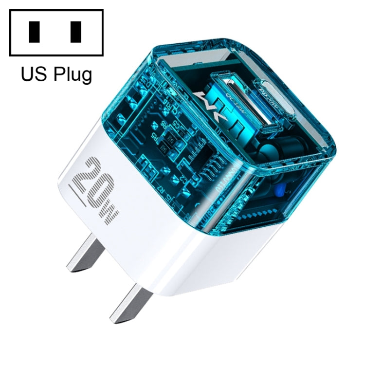 شاحن شفاف WK WP-U149 بقوة 20 واط بمنفذي USB وUSB-C/Type-C، المواصفات: قابس أمريكي