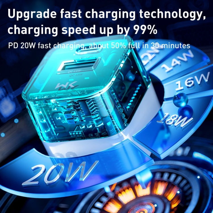 شاحن شفاف WK WP-U149 بقوة 20 واط بمنفذي USB وUSB-C/Type-C، المواصفات: قابس أمريكي