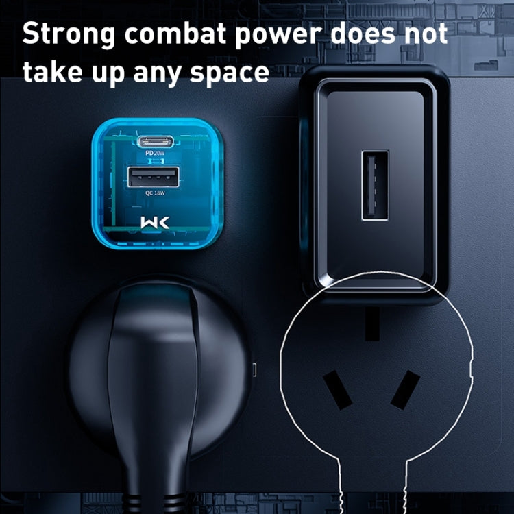 شاحن شفاف WK WP-U149 بقوة 20 واط بمنفذي USB وUSB-C/Type-C، المواصفات: قابس أمريكي