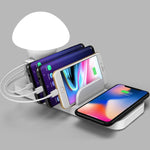 محطة شحن هواتف محمولة HQ-UD12 عالمية 4 في 1 بقوة 40W QC3.0 مع 3 منافذ USB + شاحن لاسلكي مع ضوء LED على شكل فطر، الطول: 1.2م، قابس المملكة المتحدة