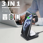شاحن لاسلكي متعدد الوظائف عمودي 3 في 1 بقوة 10W QC 3.0 مع وظيفة حامل، مناسب للهواتف المحمولة / ساعة آبل / AirPods