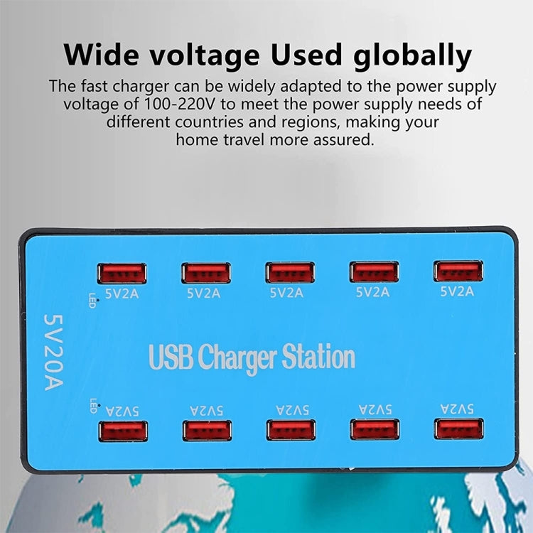 محطة شحن ذكية USB بقدرة 100 واط مع 10 منافذ A5B مع ضوء مؤشر، قابس أمريكي، 100 واط