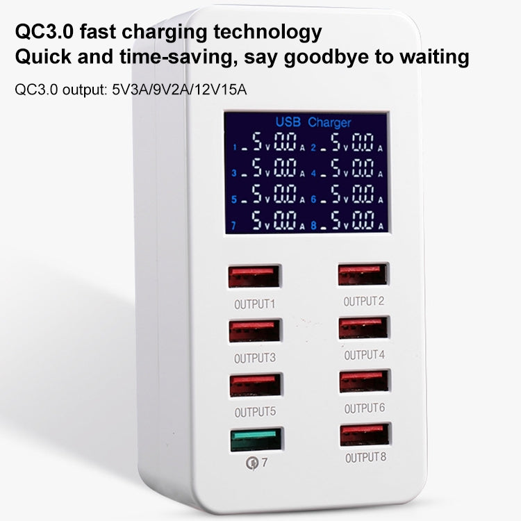 محطة شحن ذكية A8 بقدرة 50 واط مع 8 منافذ USB + QC3.0 مع شاشة رقمية AC100-240V، قابس بريطاني، A8 قابس بريطاني