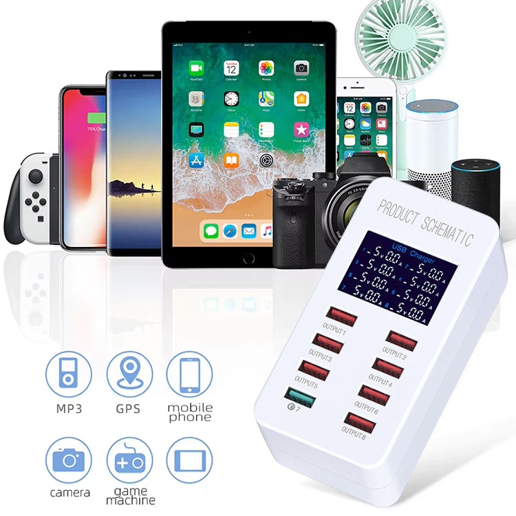 محطة شحن ذكية A8 بقدرة 50 واط مع 8 منافذ USB + QC3.0 مع شاشة رقمية AC100-240V، قابس بريطاني، A8 قابس بريطاني