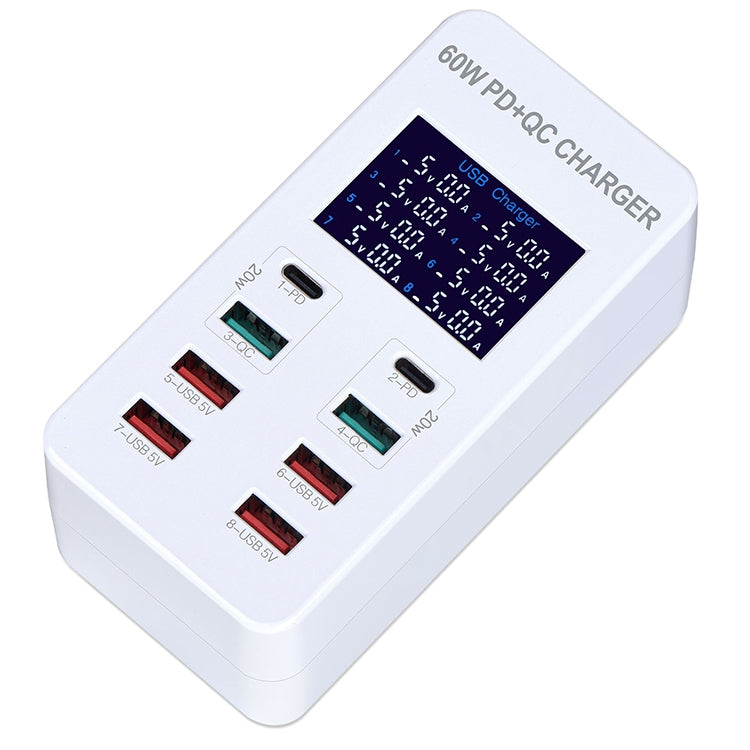 محطة شحن ذكية A8T بقدرة 60 واط مع 8 منافذ USB + QC3.0 + PD Type-C مع شاشة رقمية AC100-240V، قابس أسترالي، A8T قابس أسترالي
