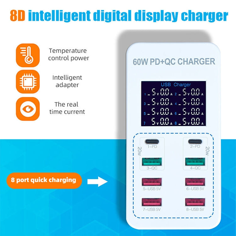 محطة شحن ذكية A8T بقدرة 60 واط مع 8 منافذ USB + QC3.0 + PD Type-C مع شاشة رقمية AC100-240V، قابس أسترالي، A8T قابس أسترالي