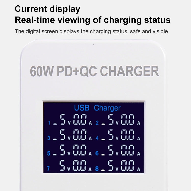 محطة شحن ذكية A8T بقدرة 60 واط مع 8 منافذ USB + QC3.0 + PD Type-C مع شاشة رقمية AC100-240V، قابس أسترالي، A8T قابس أسترالي