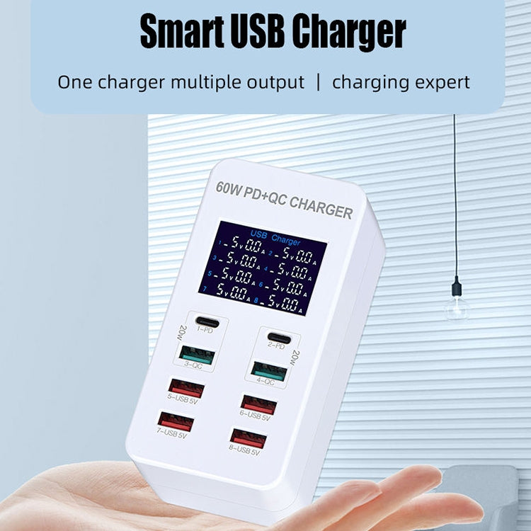 محطة شحن ذكية A8T بقدرة 60 واط مع 8 منافذ USB + QC3.0 + PD Type-C مع شاشة رقمية AC100-240V، قابس أسترالي، A8T قابس أسترالي