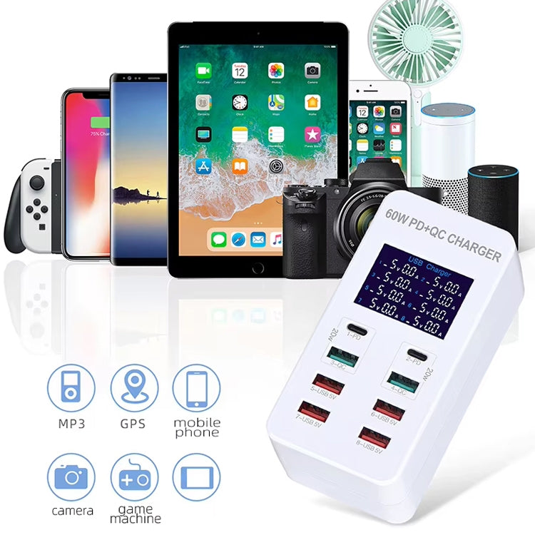محطة شحن ذكية A8T بقدرة 60 واط مع 8 منافذ USB + QC3.0 + PD Type-C مع شاشة رقمية AC100-240V، قابس أسترالي، A8T قابس أسترالي