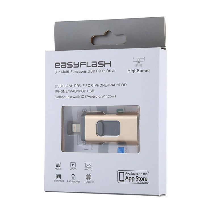 محرك فلاش USB 2.0 و8 Pin وMicro USB 3 في 1 بسعة 32GB، easyflash RQW-01B ذهبي