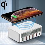شاحن WLX-818F 6 في 1 بقدرة 10 واط QC3.0 شحن لاسلكي + USB-C / Type-C + 4 منافذ USB مع شاشة عرض ذكية LCD، قابس أوروبي / أسترالي، أبيض