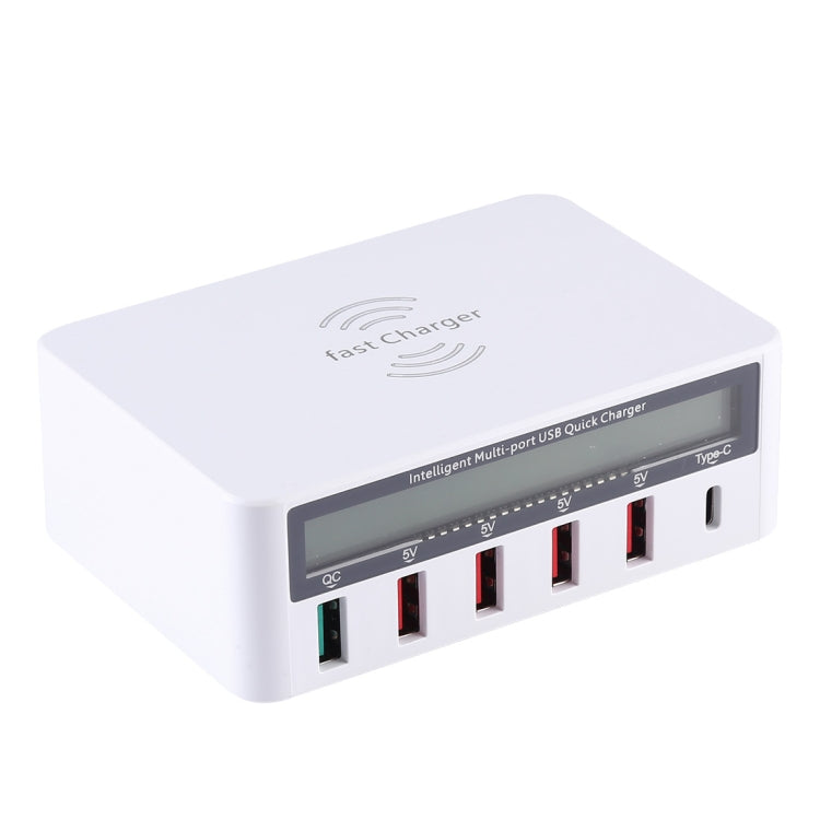شاحن WLX-818F 6 في 1 بقدرة 10 واط QC3.0 شحن لاسلكي + USB-C / Type-C + 4 منافذ USB مع شاشة عرض ذكية LCD، قابس أوروبي / أسترالي، أبيض