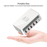 شاحن WLX-818F 6 في 1 بقدرة 10 واط QC3.0 شحن لاسلكي + USB-C / Type-C + 4 منافذ USB مع شاشة عرض ذكية LCD، قابس أوروبي / أسترالي، أبيض