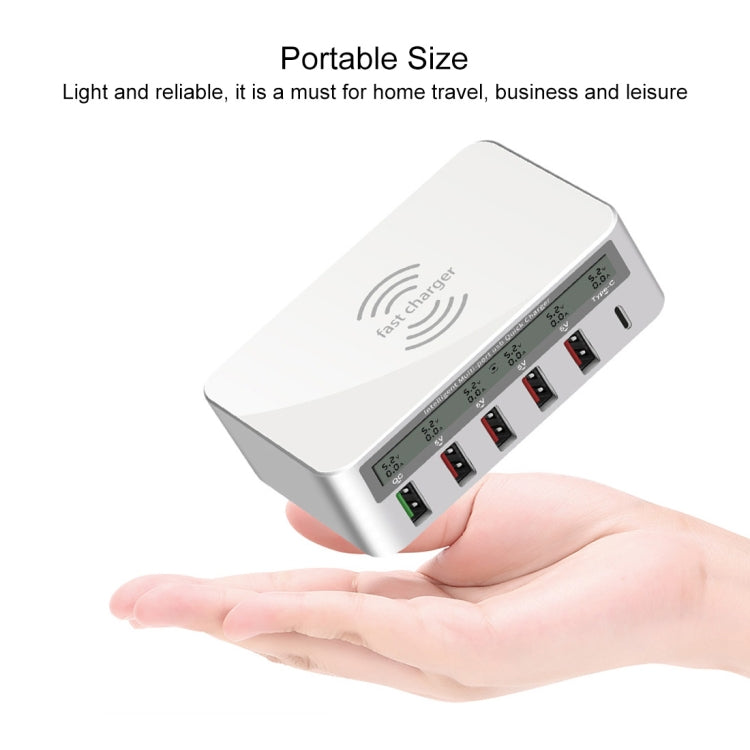 شاحن WLX-818F 6 في 1 بقدرة 10 واط QC3.0 شحن لاسلكي + USB-C / Type-C + 4 منافذ USB مع شاشة عرض ذكية LCD، قابس أوروبي / أسترالي، أبيض