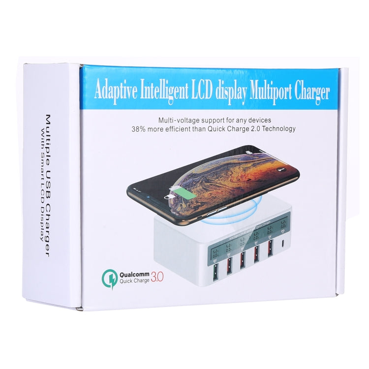 شاحن WLX-818F 6 في 1 بقدرة 10 واط QC3.0 شحن لاسلكي + USB-C / Type-C + 4 منافذ USB مع شاشة عرض ذكية LCD، قابس أوروبي / أسترالي، أبيض