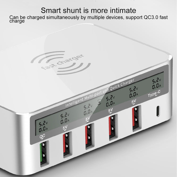 شاحن WLX-818F 6 في 1 بقدرة 10 واط QC3.0 شحن لاسلكي + USB-C / Type-C + 4 منافذ USB مع شاشة عرض ذكية LCD، قابس أوروبي / أسترالي، أبيض