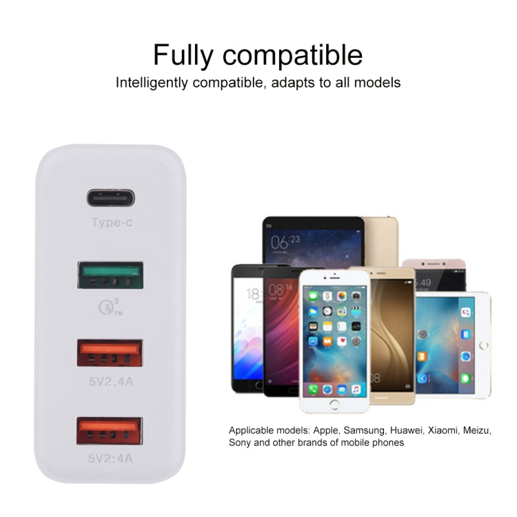 شاحن حائطي للسفر A3P بحد أقصى 3 أمبير بمنفذ USB-C / Type-C + QC3.0 + منفذي USB مزدوجين، 4 منافذ، قابس أوروبي