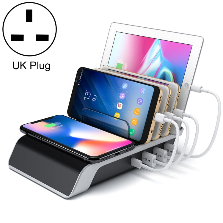 حامل شاحن لاسلكي Qi قياسي مع 4 منافذ USB وستاند للهاتف، قابس بريطاني، قابس بريطاني UD09