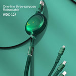 WK WDC-124 كابل شحن وبيانات تلسكوبي 3 في 1 3A 8 دبابيس + تايب-سي / USB-C + مايكرو USB من سلسلة بونا، الطول: 1.5م