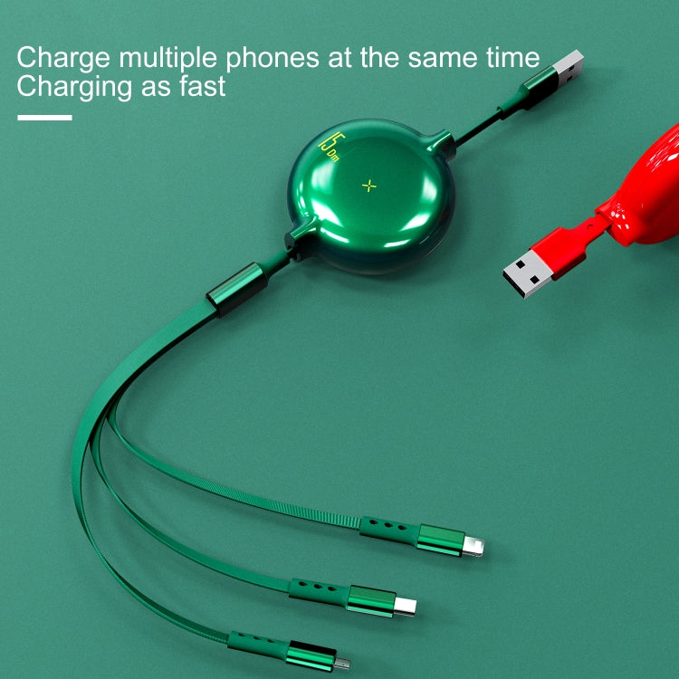 WK WDC-124 كابل شحن وبيانات تلسكوبي 3 في 1 3A 8 دبابيس + تايب-سي / USB-C + مايكرو USB من سلسلة بونا، الطول: 1.5م