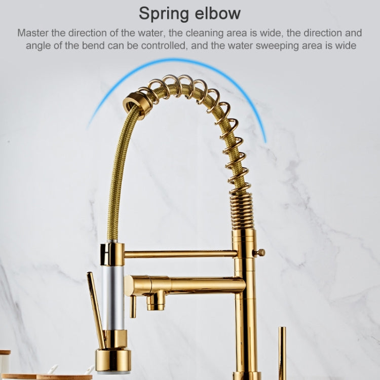 Copper Pull Type Large Spring Double Outlet Kitchen Sink Hot Cold Faucet, Gold