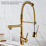 Copper Pull Type Large Spring Double Outlet Kitchen Sink Hot Cold Faucet, Gold
