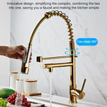 Copper Pull Type Large Spring Double Outlet Kitchen Sink Hot Cold Faucet, Gold