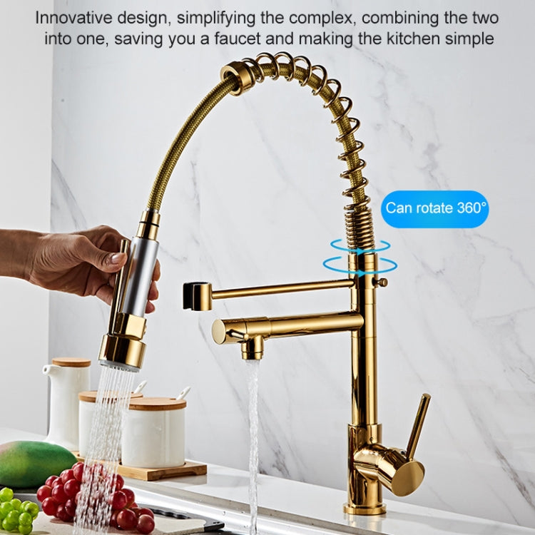 Copper Pull Type Large Spring Double Outlet Kitchen Sink Hot Cold Faucet, Gold