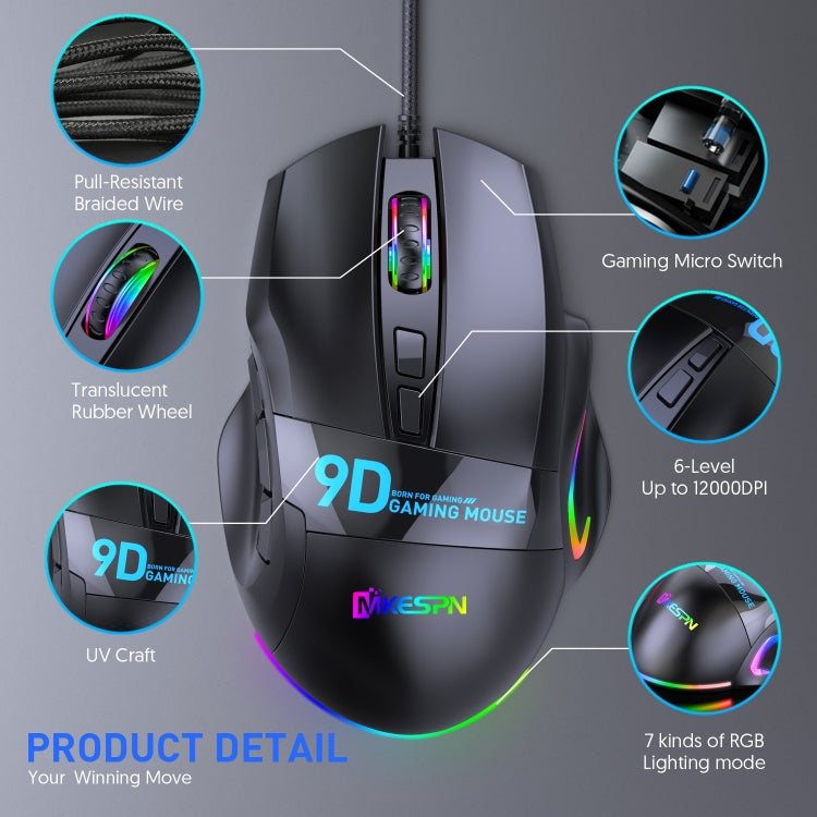 MKESPN X10 9-Buttons RGB Wired Full Speed Macro Definition Gaming Mouse, Full Speed Macro Definition