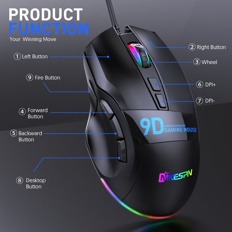 MKESPN X10 9-Buttons RGB Wired Full Speed Macro Definition Gaming Mouse, Full Speed Macro Definition