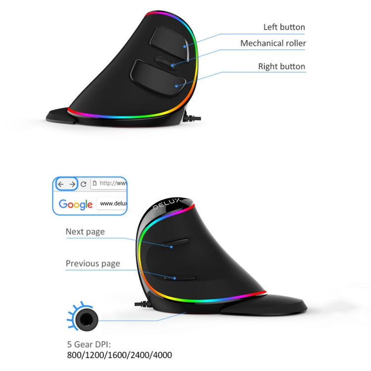 DELUX M618 Plus RGB Wired Optical Mouse Ergonomic Vertical Mouse 4000DPI, 4000DPI Wired