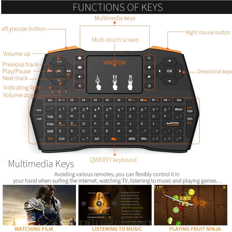 VIBOTON i8 Plus Updated 2.4GHz QWERT Mini Wireless Keyboard with Touchpad for TV Box, Mi Box, Computer, Tablet, Laptop and Projector(Black), Wireless Keyboard