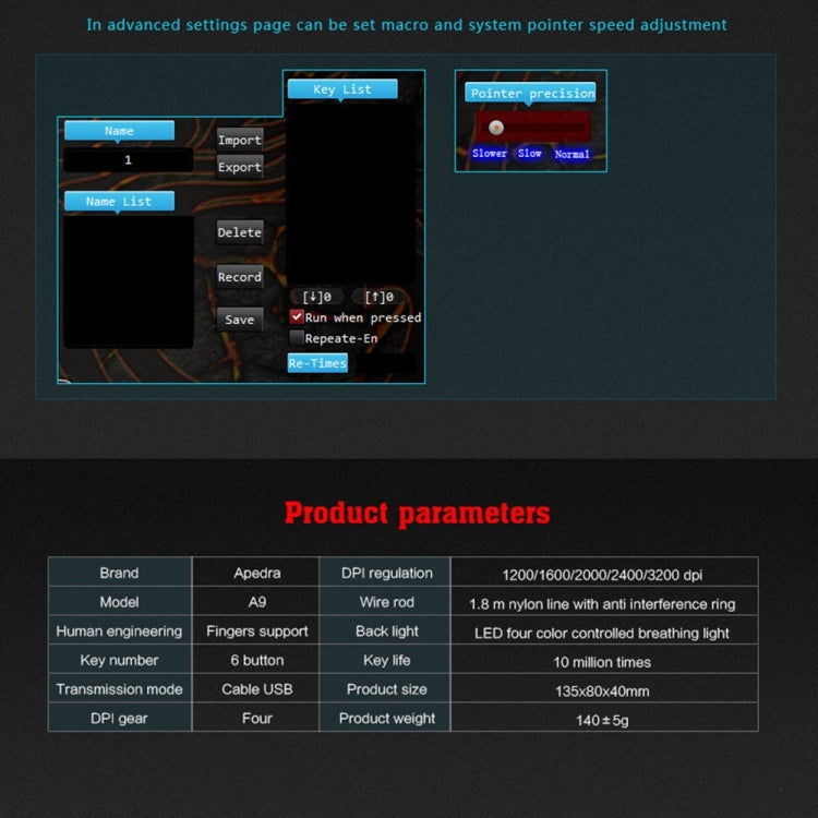 Apedra iMICE A9 High Precision Gaming Mouse LED four color controlled breathing light USB 6 Buttons 3200 DPI Wired Optical Gaming Mouse for Computer PC Laptop, iMICE A9