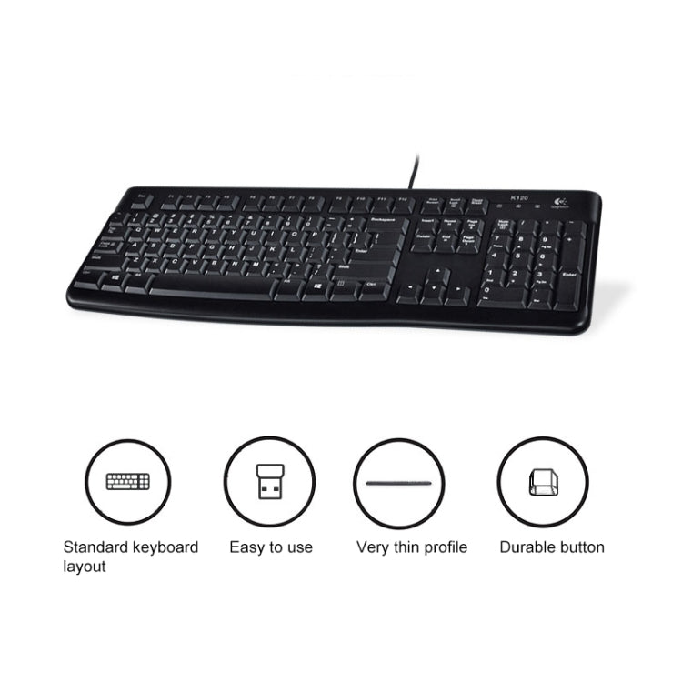 Logitech K120 USB Waterproof Splash Wired Keyboard for Desktop Computers / Laptops, Logitech K120
