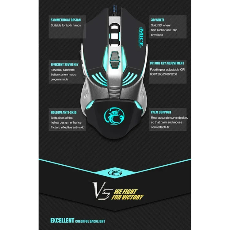 iMICE V5 USB 7 Buttons 4000 DPI Wired Optical Colorful Backlight Gaming Mouse for Computer PC Laptop, V5  (White)