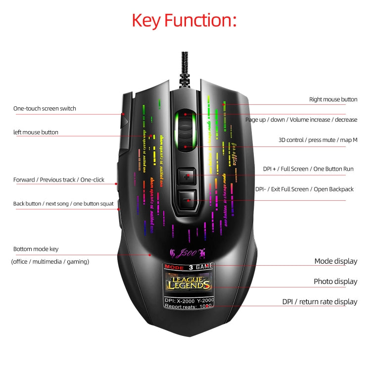 HXSJ J500 7 Keys RGB Programmable Display Screen Gaming Wired Mouse, J500