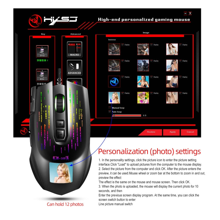 HXSJ J500 7 Keys RGB Programmable Display Screen Gaming Wired Mouse, J500