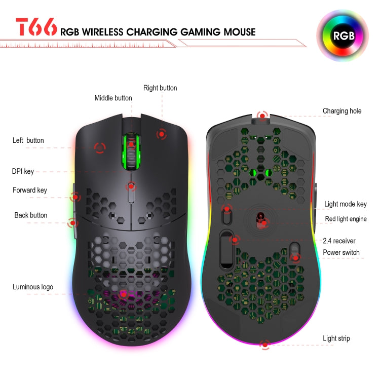 HXSJ T66 7 Keys Colorful Lighting Programmable Gaming Wireless Mouse, T66(White)