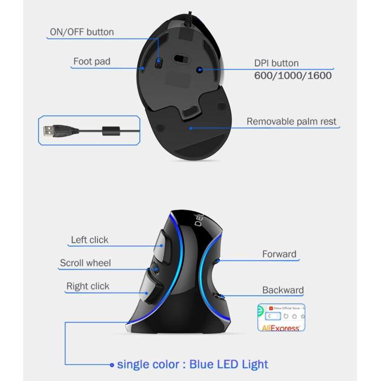 DELUX M618 Plus Wired Blue Version Optical Mouse Ergonomic Vertical Mouse 1600DPI, 1600DPI Wired
