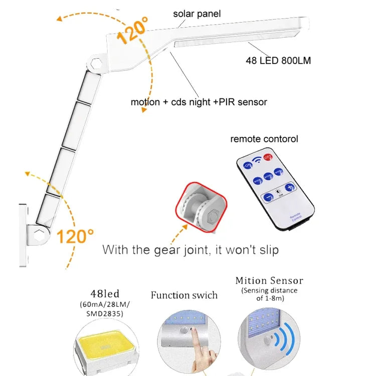 6W 800LM 48 LEDs Solar Remote Control Flat Lamp with Bracket