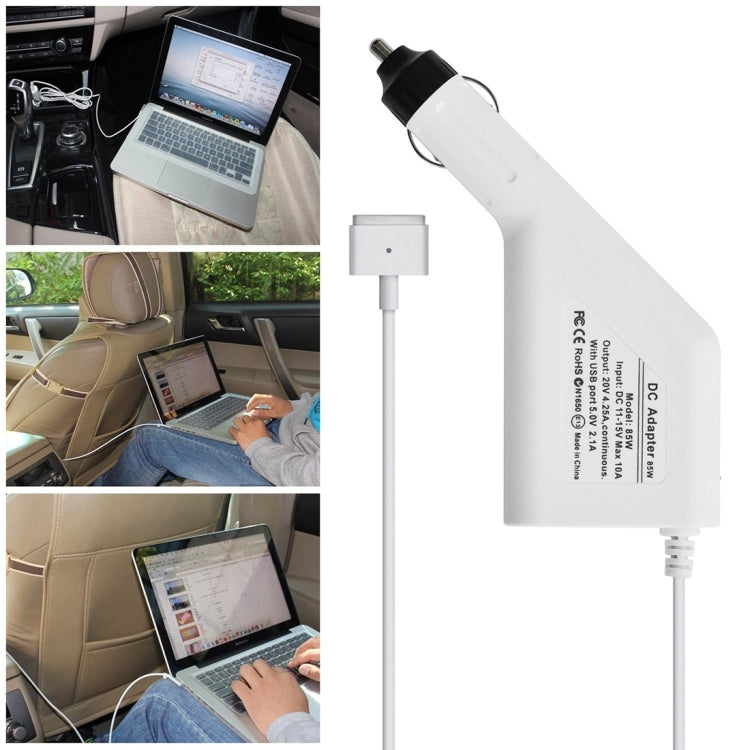 شاحن سيارة MagSafe 2 بقوة 85 واط 20 فولت 4.25 أمبير بتوصيل 5 دبابيس على شكل T مع منفذ USB واحد لأجهزة Apple Macbook A1398 / A1424 / MC975 / MC976 / ME664 / ME665، الطول: 1.7 متر، 85 واط 20 فولت 4.25 أمبير