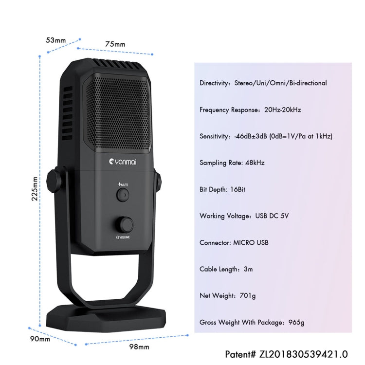 ميكروفون مكثف استوديو متعدد الوظائف بأربع اتجاهات Yanmai SF-900 مع حامل مكتبي