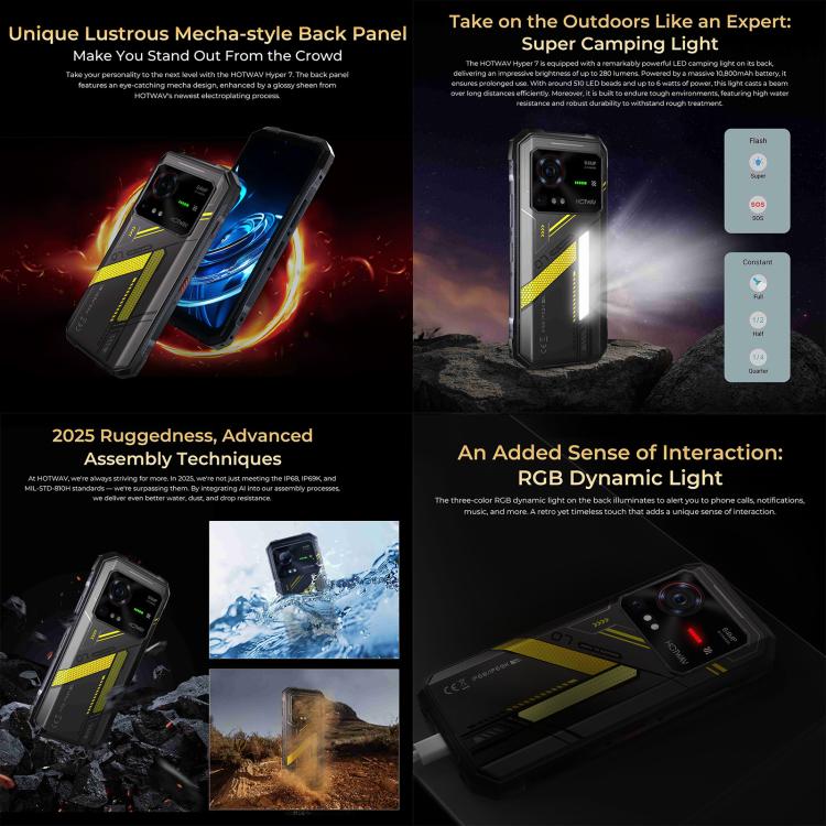 HOTWAV Hyper 7 Rugged Phone, 8 GB + 256 GB, 10800 mAh, 6,6 Zoll, Android 14, MediaTek Dimensity 7050 5G, Netzwerk: 5G, OTG, NFC