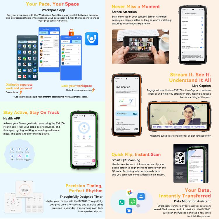 Blackview BV8200 Rugged Phone, 12 GB + 256 GB, 6,5 Zoll + 1,3 Zoll Display, Android 14, MediaTek Helio G100 MT8781, Netzwerk: 4G, NFC